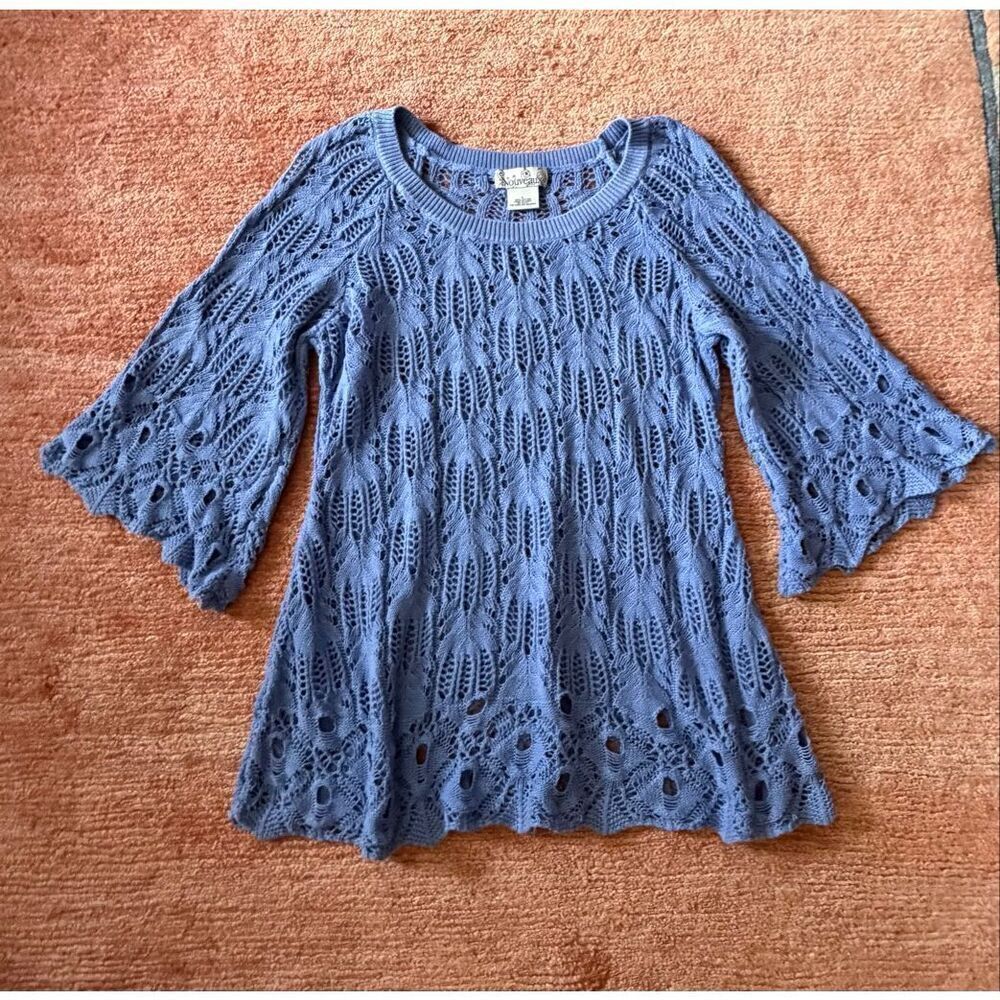 Nouveaux Blue Open Knit Lace Sweater Size L Bell Sleeve Cotton Boho